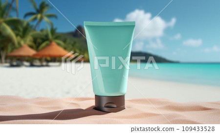 Cosmetic product with blank front, realistic on a mockup template in a sand in a tropical beach Cosmetic product with blank front, realistic on a mockup template in a sand in a tropical beach 109433528