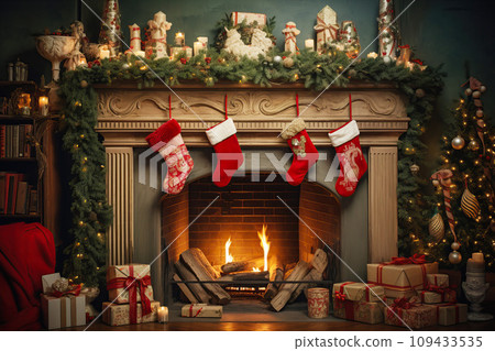 Fireplace decorated with vintage style Christmas red stockings, retro garlands, Vintage fireplace with crackling fire 109433535