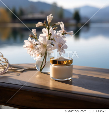 cream in a jar on table by lake with flowers, cream in a jar on table by lake with flowers, 109433576