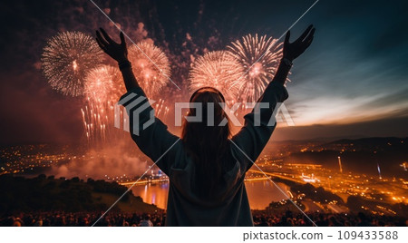 her hands up and ready to look out to the fireworks, 109433588