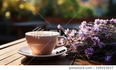 cup of lavender cappuccino with blank front realistic 109433637