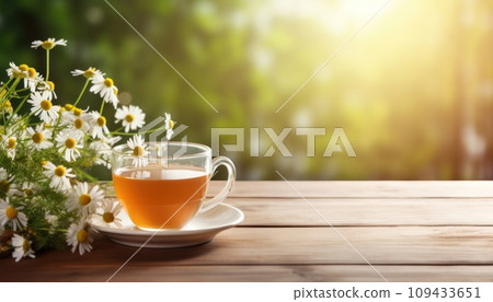 cup of tea with chamomile flowers against a wooden table, cup of tea with chamomile flowers against a wooden table, 109433651