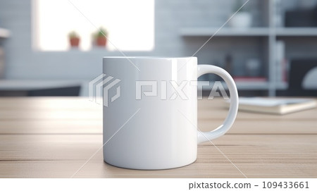 Cup with blank front, realistic on a mockup template in a desk in a modern office, 109433661