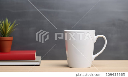 Cup with blank front, realistic on a mockup template in a desk in a modern office, 109433665
