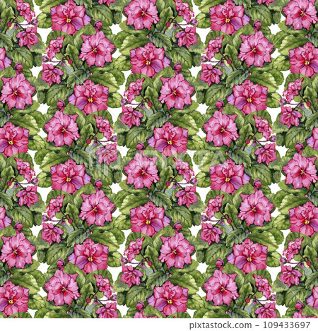 Beautiful floral background with purple viola flowers and leaves. Seamless botanical pattern. Watercolor painting. Hand painted illustration. Wallpaper, textile design. Beautiful floral background with purple viola flowers and leaves. Seamless botanical pattern. Watercolor painting. Hand painted illustration. Wallpaper, textile design. 109433697