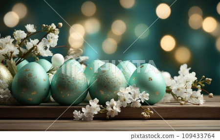 easter decorated eggs and flowers on wooden bed background, 109433764