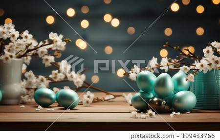 easter decorated eggs and flowers on wooden bed background, 109433766