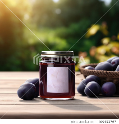 jar of plum jam with blank front realistic on a mockup template in a wooden table in a summer garden with plum trees, jar of plum jam with blank front realistic on a mockup template in a wooden table in a summer garden with plum trees, 109433767