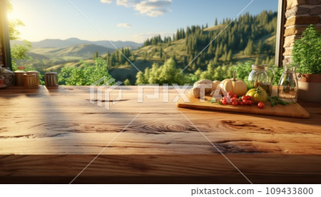 kitchen wooden table with large windows overlooking field, 109433800