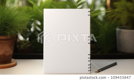 Notepad with blank front, realistic on a mockup template in a desk in a modern office, 109433847