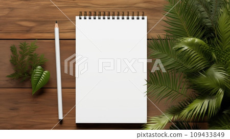 Notepad with blank front, realistic on a mockup template in a desk in a modern office, 109433849
