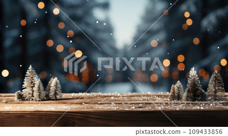snowfall falling on a wooden table in a forest, 109433856