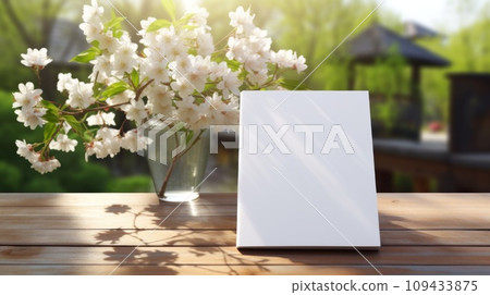 Notepad with blank front, realistic on a mockup template in a table in a luxury home 109433875