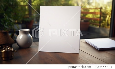 Notepad with blank front, realistic on a mockup template in a table in a luxury home Notepad with blank front, realistic on a mockup template in a table in a luxury home 109433885