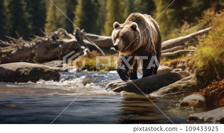 one grizzly bear walks across rocks in a stream 109433925