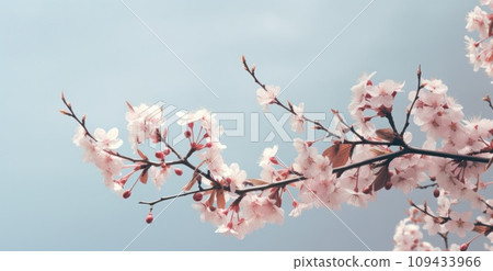 spring flowers and buds on a cherry tree against a sky blue background, 109433966