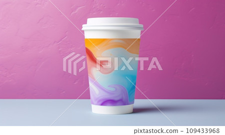 paper coffee cup with blank front, realistic on a mockup template in a colorful abstract 109433968