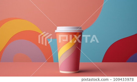 paper coffee cup with blank front, realistic on a mockup template in a colorful abstract paper coffee cup with blank front, realistic on a mockup template in a colorful abstract 109433978