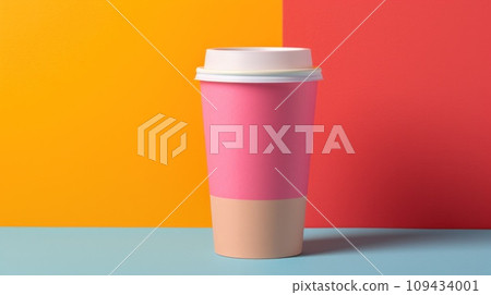 paper coffee cup with blank front, realistic on a mockup template in a colorful abstract backgrounde, paper coffee cup with blank front, realistic on a mockup template in a colorful abstract backgrounde, 109434001