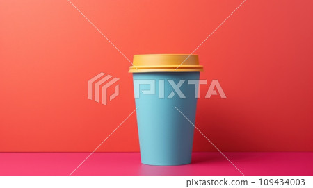 paper coffee cup with blank front, realistic on a mockup template in a colorful abstract backgrounde, 109434003