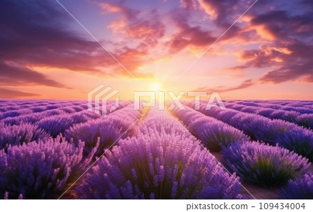 sunrise sun over lavender field in summer, sunrise sun over lavender field in summer, 109434004