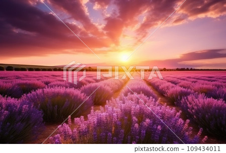 sunrise sun over lavender field in summer, 109434011