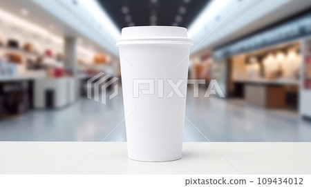 paper coffee cup with blank front, realistic on a mockup template in a luxury store, 109434012