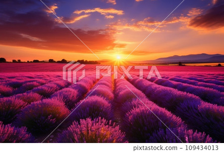 sunrise sun over lavender field in summer, sunrise sun over lavender field in summer, 109434013