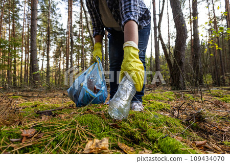 A hand in a yellow glove picks up a plastic bottle from green moss in the forest and puts it in a trash bag. A woman eco-defender collects garbage in the forest, saving it from pollution. 109434070