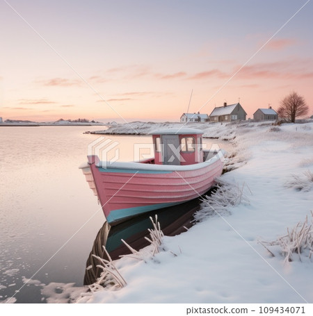 photograph of a boat near a snow covered town in the bay, photograph of a boat near a snow covered town in the bay, 109434071