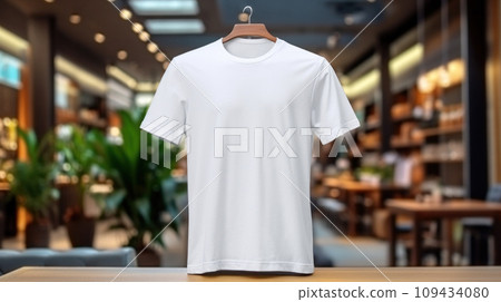 T-shirt with blank front, realistic on a mockup template in a luxury store, 109434080