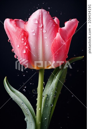 pink tulip with drips of water on grey background, 109434191