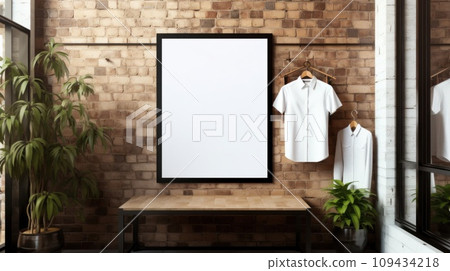 poster image with blank front ealistic on a mockup template in a brick wall in a luxury modern clothing shop, poster image with blank front ealistic on a mockup template in a brick wall in a luxury modern clothing shop, 109434218