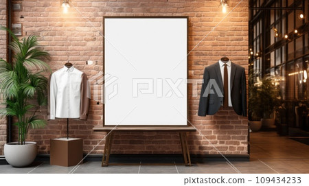 poster image with blank front ealistic on a mockup template in a brick wall in a luxury modern clothing shop, poster image with blank front ealistic on a mockup template in a brick wall in a luxury modern clothing shop, 109434233