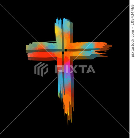 colored cross made of blots on a black background. Happy easter. hand drawing. Not AI, Vector illustration 109434469