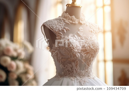 Close-up of a chic lace wedding dress on mannequin. Handmade and produced exclusive wedding dress for the bride. 109434709