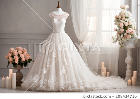 Beautiful elegant luxury wedding dress with train on mannequin in boutique. Trying on or choosing wedding dress for bride. 109434710