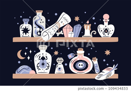 Potion bottles on shelf. Magic elixirs in different shapes glass flasks. Parchment scrolls. Crystals or magical supplies. Medieval lab. Witchcraft poison vials. Garish vector concept Potion bottles on shelf. Magic elixirs in different shapes glass flasks. Parchment scrolls. Crystals or magical supplies. Medieval lab. Witchcraft poison vials. Garish vector concept 109434833