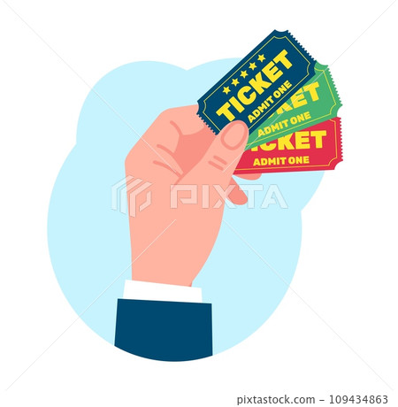 Hand holds three tickets. Cinema and theater admission. Festival entertainment. VIP show invitation. Lottery raffle paper. Premiere access. Party pass. Performance entry. Vector concept Hand holds three tickets. Cinema and theater admission. Festival entertainment. VIP show invitation. Lottery raffle paper. Premiere access. Party pass. Performance entry. Vector concept 109434863