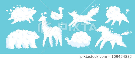 Cute animal shaped clouds. Zoomorphic cumulus in blue sky. Atmospheric fluffy forms. Kids dreams and imagination. Pony and sheep. Cloudy mammals. Garish vector cloudscape elements set 109434883