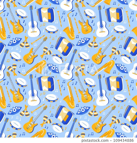 Cartoon musical instruments seamless pattern. Acoustic and electric guitars. Repeated print. Drums and accordions. Orchestra concert. Maracas, cello and saxophone. Recent vector background 109434886