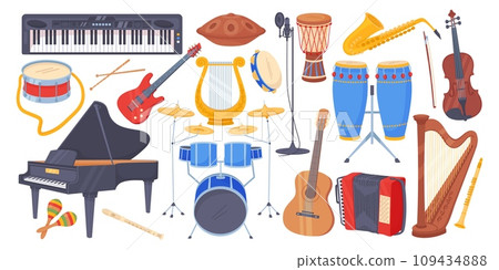 Cartoon musical acoustic instruments. Electric and brass guitars. Jazz saxophone. Strings and percussion. Grand piano and maracas. Orchestra concert. Classical music. Recent vector set Cartoon musical acoustic instruments. Electric and brass guitars. Jazz saxophone. Strings and percussion. Grand piano and maracas. Orchestra concert. Classical music. Recent vector set 109434888