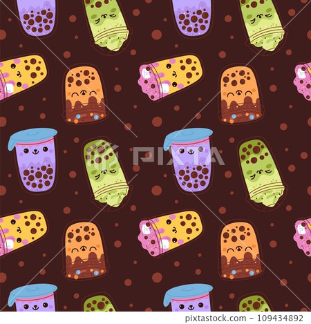 Bubble tea seamless pattern. Cold sweet Asian drinks with tapioca balls. Boba pearls beverages in plastic cups. Funny faces. Yummy matcha cocktails. Milkshake mugs. Garish vector background 109434892