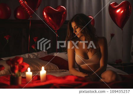 AI-generated content. A happy woman enjoys a love-filled moment in bedroom with heart-shaped balloons 109435257