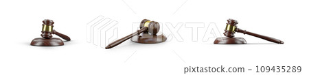 Law Gavel at Various Angles Isolated on a White Background. 109435289
