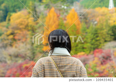 An adult woman visiting autumn leaves on a holiday A woman visiting tourist spots for autumn leaves An adult woman visiting autumn leaves on a holiday A woman visiting tourist spots for autumn leaves 109435401