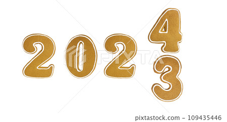 Flipping the numbers 2023 to 2024. Baked gingerbread numbers with gingerbread cookies. The concept of New Year's holidays. Flipping the numbers 2023 to 2024. Baked gingerbread numbers with gingerbread cookies. The concept of New Year's holidays. 109435446