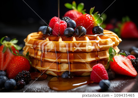Belgian waffles with berries and honey Belgian waffles with berries and honey 109435465