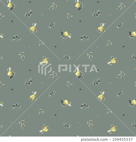 Seamless pattern with Olive oil in glass bottle. Hand drawn illustration isolated background. Natural fresh organic yellow vegetable oil in jar realistic watercolor image. Pure vegan seasoning. Seamless pattern with Olive oil in glass bottle. Hand drawn illustration isolated background. Natural fresh organic yellow vegetable oil in jar realistic watercolor image. Pure vegan seasoning. 109435537