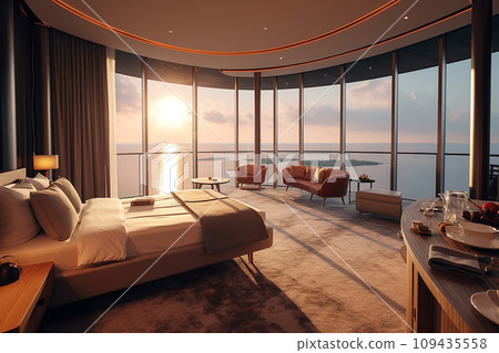 Luxury hotel room with panoramic ocean view at sunset, featuring a bed and modern decor. 109435558